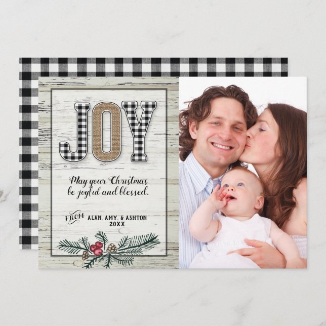 Julkort Buffalo Plaid Joy Farmhouse Inbjudningar (Fram/baksida)