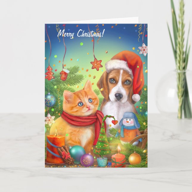 Julkort. Cute cat och hund. Lungdjur Kort (Framsida)