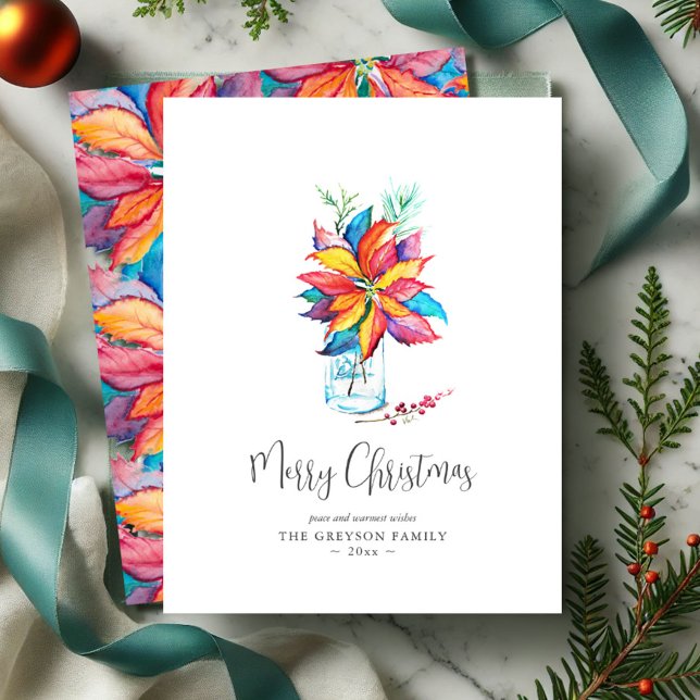 Julkort Färgfyllnad vattenfärg Poinsettia (Christmas cards watercolor poinsettia art by Victoria Grigaliunas of Do Tell A Belle)