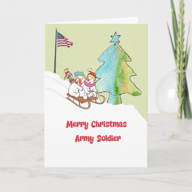 Julkort för armésoldat med Snögubbar Tack Kort (Framsida)