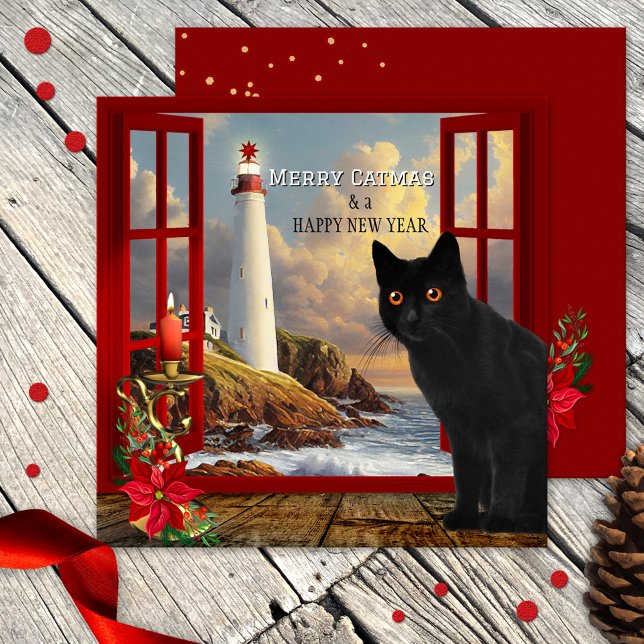 Julkort för Cute Cat-fyr Kort (Cute black cat Christmas and New Year card with a room with a view of  a lighthouse and ocean)
