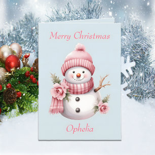Julkort för Cute Rosa Snögubbe-dotter Tack Kort