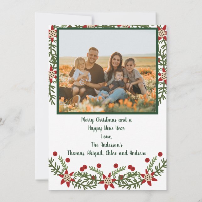 Julkort för familjefoto i rött och grönt (Framsida)