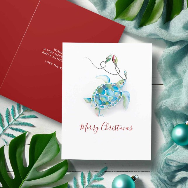 Julkort för havsfärgad havssköldpaddsbuss helgkort (Beach Christmas cards watercolor sea turtle and holiday lights art by Victoria Grigaliunas. )