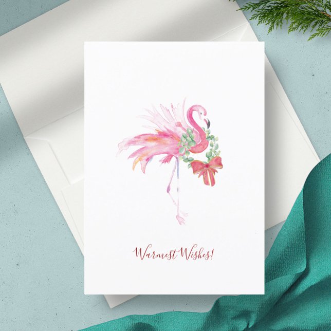 Julkort för icke-Photo Florida Beach Tack Kort (Christmas card Florida beach pink flamingo watercolor art by Victoria Grigaliunas)