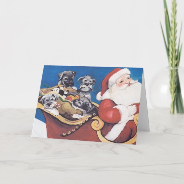 Julkort för konst för SchnauzervalpSanta hund Helgkort (Framsida)