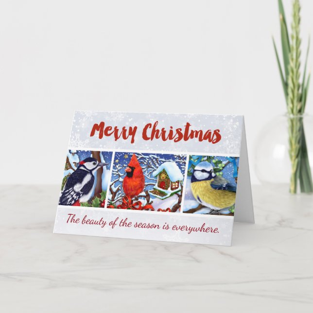 Julkort för röda kardinalvinterfåglar helgkort (Framsida)