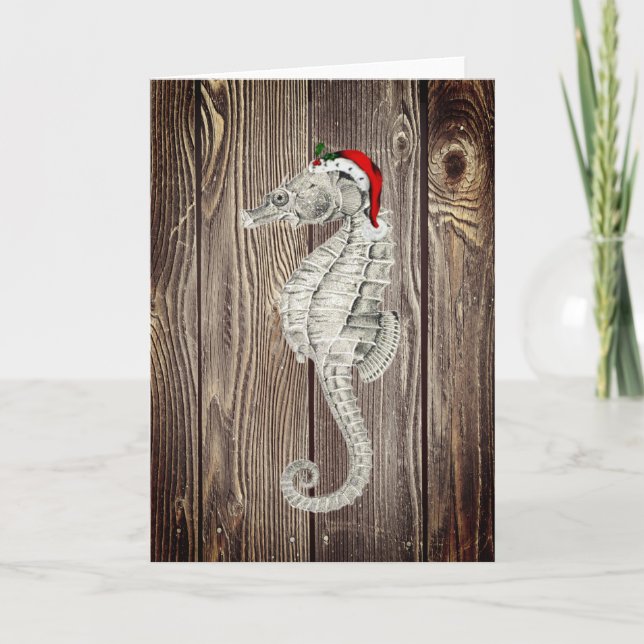 julkort för Santa Seahorse Rustic Wood Helgkort (Framsida)