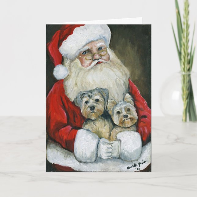 Julkort "för Santa & Yorkies" hundkonst Helgkort (Framsida)