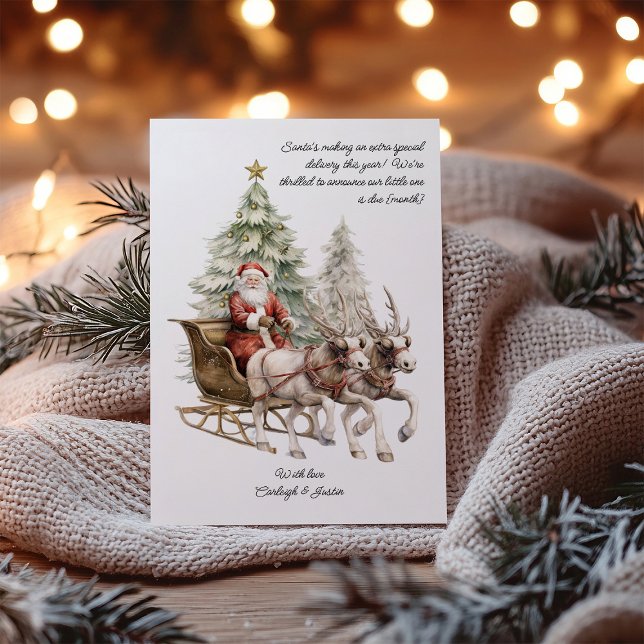 Julkort för Speciell Gravid för Santa Delivery (Christmas Card Pregnancy Announcement with traditional santa scene and your special delivery note)