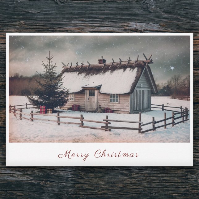 Julkort för vinterscen i vintage-skåp (Vintage Cabin Winter Scene Christmas Holiday Card)
