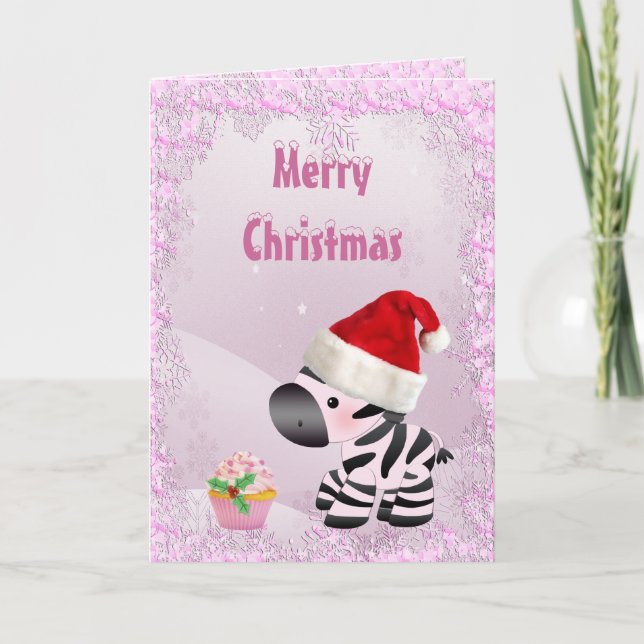 Julkort för Zebra, Rosa Cupkaka och Snö Helgkort (Framsida)