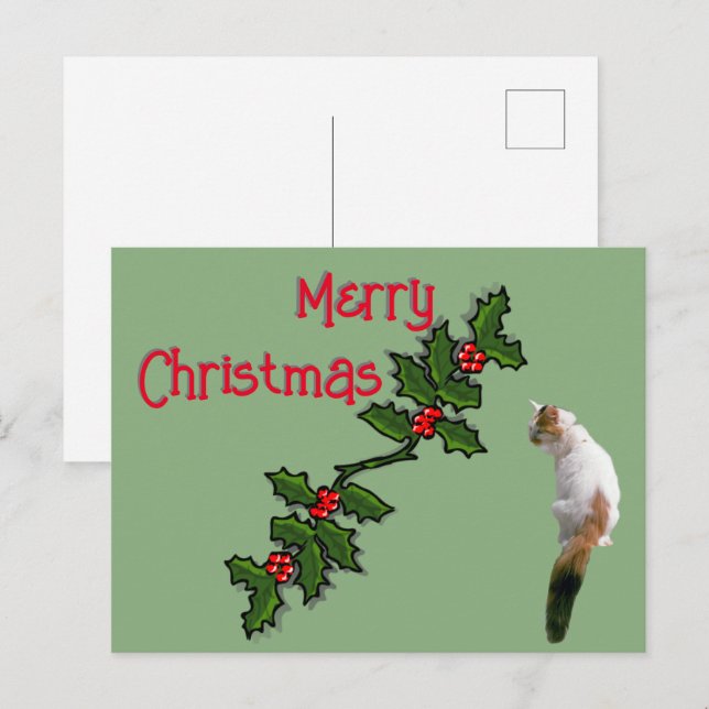 Julkort - God Jul Järnek och Katt Vykort (Fram/baksida)