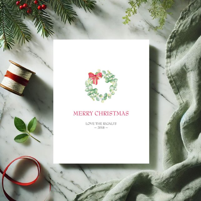 Julkort, Helgdag Card Julkort (Simple Christmas card watercolor botanical wreath in shades of red and green by Victoria Grigaliunas)
