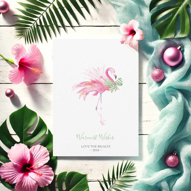 Julkort, Helgdag Card, Rosa Flamingo Julkort (Tropical pink flamingo Christmas card for pinkmas. Watercolor art by Victoria Grigaliunas)