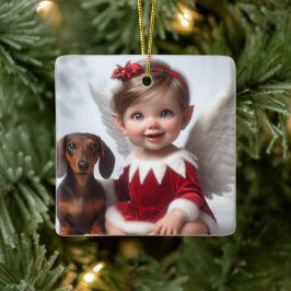 Julkort i baby och Dachshund-kort Julgransprydnad Keramik