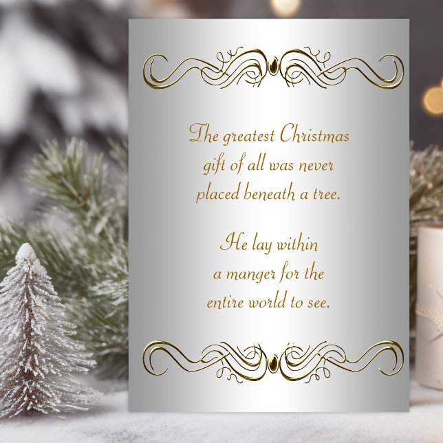 Julkort i silver och guld för kristna helgkort (Christian Christmas card with elegant gold swirls and scriptures. )