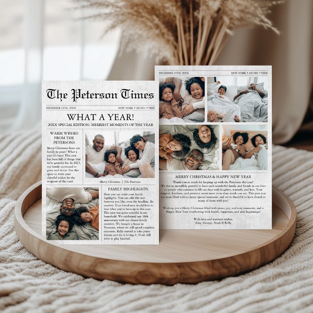 Julkort i tidningsformat 6 bilder familjehögtid (Newspaper Christmas Card, 6 photos Family Holiday Card, Unique What a Year, Year in Review)
