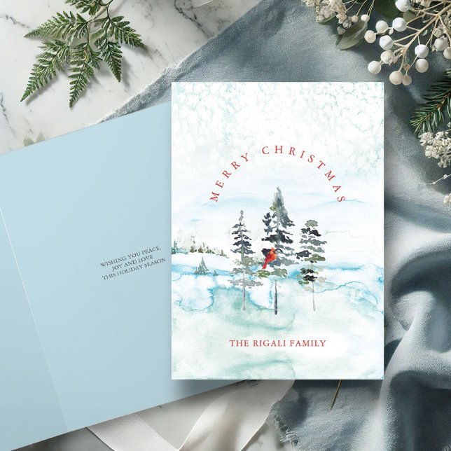 Julkort i Watercolor Snowy Forest Helgkort (non-photo folded Merry Christmas cards watercolor winter forest blue)