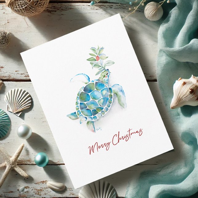 Julkort Kustfärgssköldpadda Kort (Beach Christmas cards watercolor sea turtle art by Victoria Grigaliunas Do Tell A Belle)