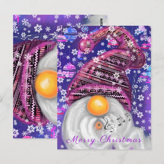 Julkort Lycklig Gnome i Lila Hat-Sjungor Vykort (Fram/baksida)