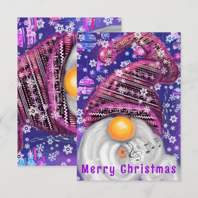 Julkort Lycklig, singel Gnome i Lila Hat (Fram/baksida)