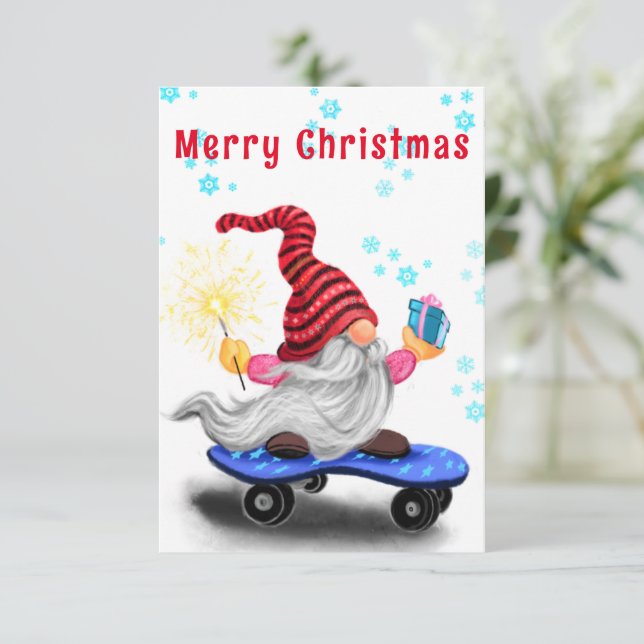 Julkort Lycklig Skater Gnome med Gift (Stående Fram)