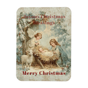 Julkort med baby Jesus i en krubba och änglar Magnet