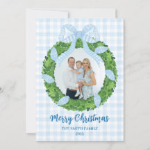 Julkort med blå båge krans jul foto