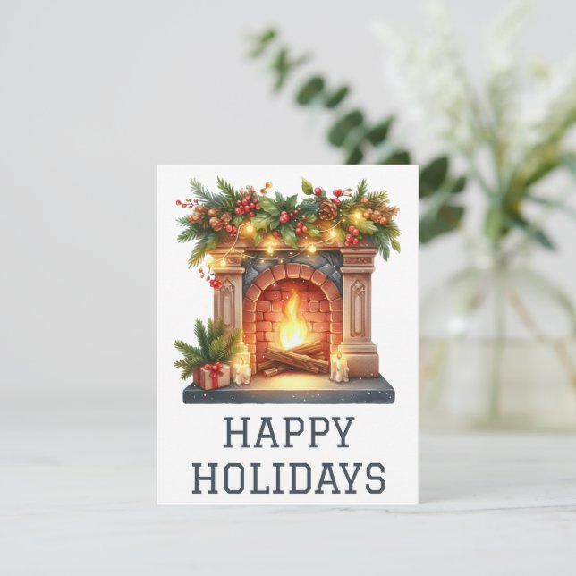 Julkort med brinnande öppen spis (Stående Fram)