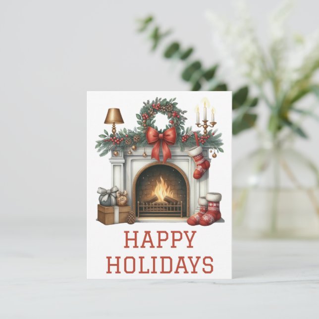 Julkort med brinnande öppen spis (Stående Fram)