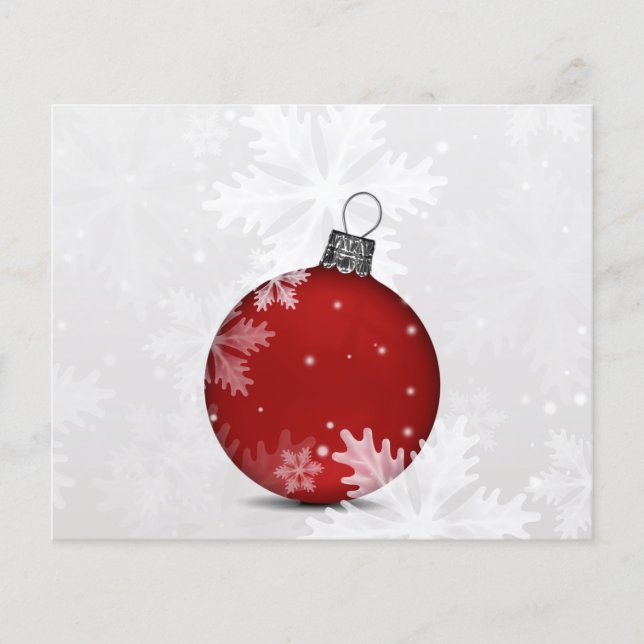 Julkort med budget röda ornament snöscen (Framsida)