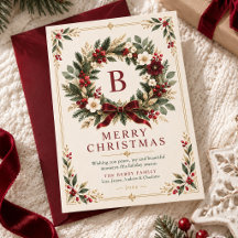 Julkort med burgunderfärgad krans och monogram