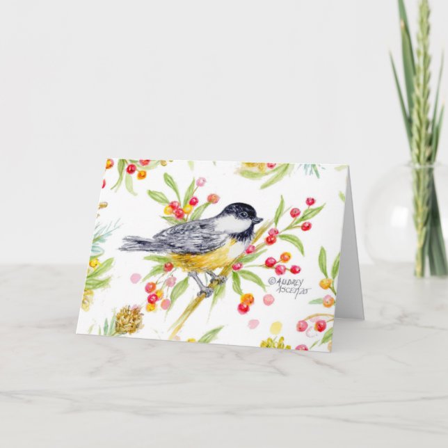 Julkort med Chickadee Berry-gren Meddelande (Framsida)