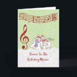 Julkort med dansande Snögubbar/Musik noter Helgkort<br><div class="desc">Tre dansande snögubbar kommer att föra med sig en musikalisk anteckning om helgdag till vem du vill skicka kortet till. Bakgrunden är en medelgrön kalk med en lakan av anteckningar på mönstrets ovansida, med tre dansande snögubbar och en stor musikalisk anteckning. Snö faller och snögubbarna dansar på snö. Cute-kort för...</div>