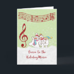 Julkort med dansande Snögubbar/Musik noter Helgkort<br><div class="desc">Tre dansande snögubbar kommer att föra med sig en musikalisk anteckning om helgdag till vem du vill skicka kortet till. Bakgrunden är en medelgrön kalk med en lakan av anteckningar på mönstrets ovansida, med tre dansande snögubbar och en stor musikalisk anteckning. Snö faller och snögubbarna dansar på snö. Cute-kort för...</div>