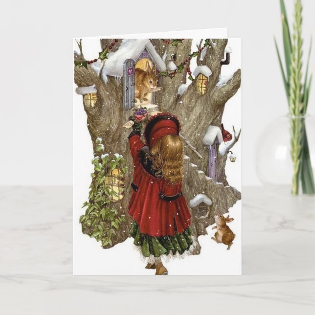 Julkort med dikt/vänskap, flicka och djur helgkort (Framsida)