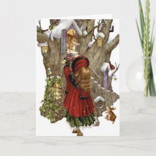 Julkort med dikt/vänskap, flicka och djur helgkort