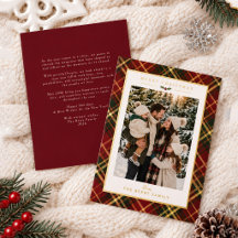 Julkort med familjefoto i rött och grönt tartanmön