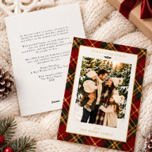 Julkort med familjefoto i rött och grönt tartanmön