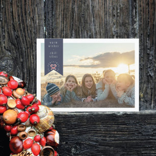 Julkort med familjefoto och marinblått band inbjudningar