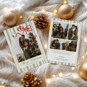 Julkort med familjefoto och rosett randigt tema