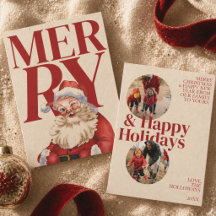 Julkort med fet röd typografi och Santa-foto