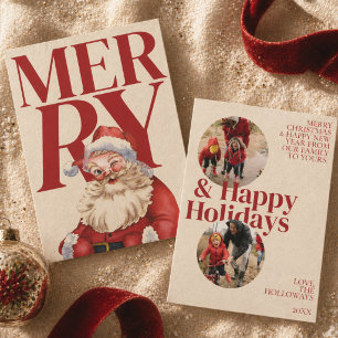 Julkort med fet röd typografi och Santa-foto