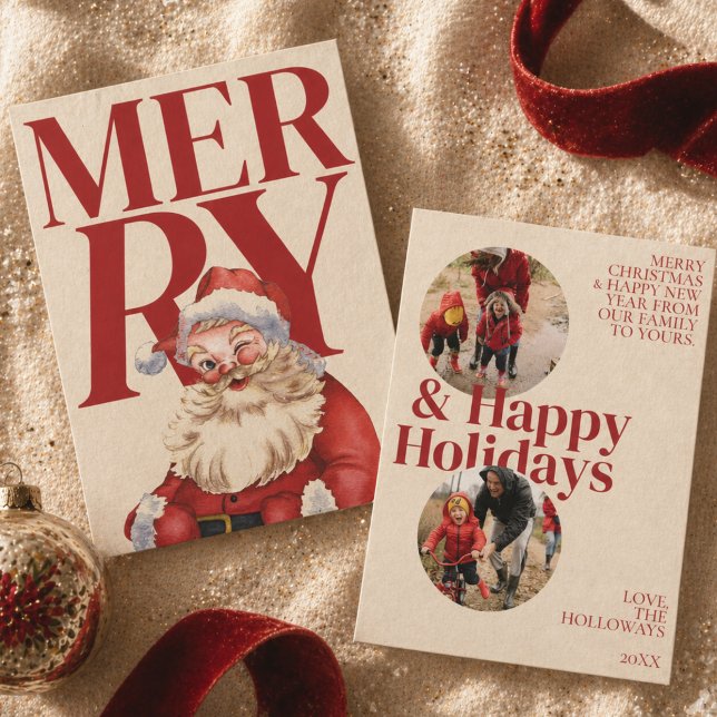 Julkort med fet röd typografi och Santa-foto (Bold Red Typography Santa Photo Holiday Card)