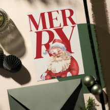 Julkort med fet röd typografi och Santa-foto