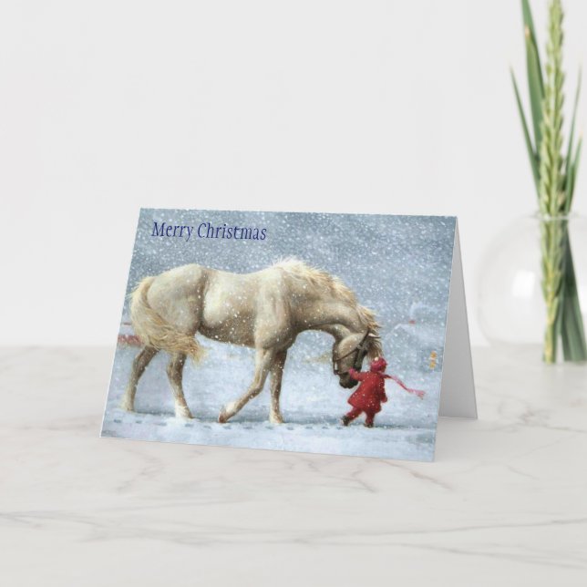 Julkort med flicka och häst helgkort (Framsida)