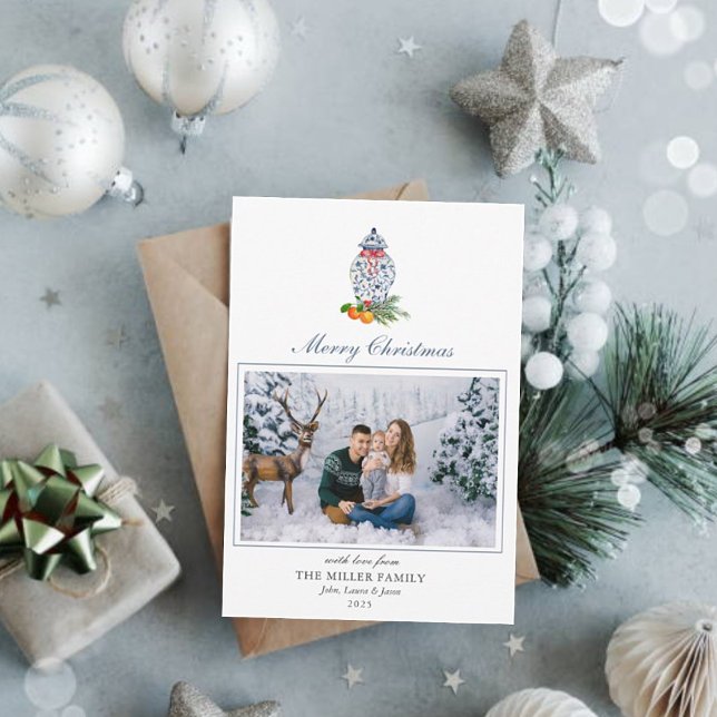 Julkort med foto av blå-vit kruka   (Skapare uppladdad)