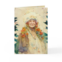 Julkort med gammal kvinna akvarell vinter 