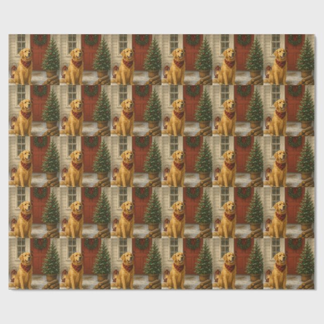 Julkort med Golden Retriever Presentpapper (Platt)